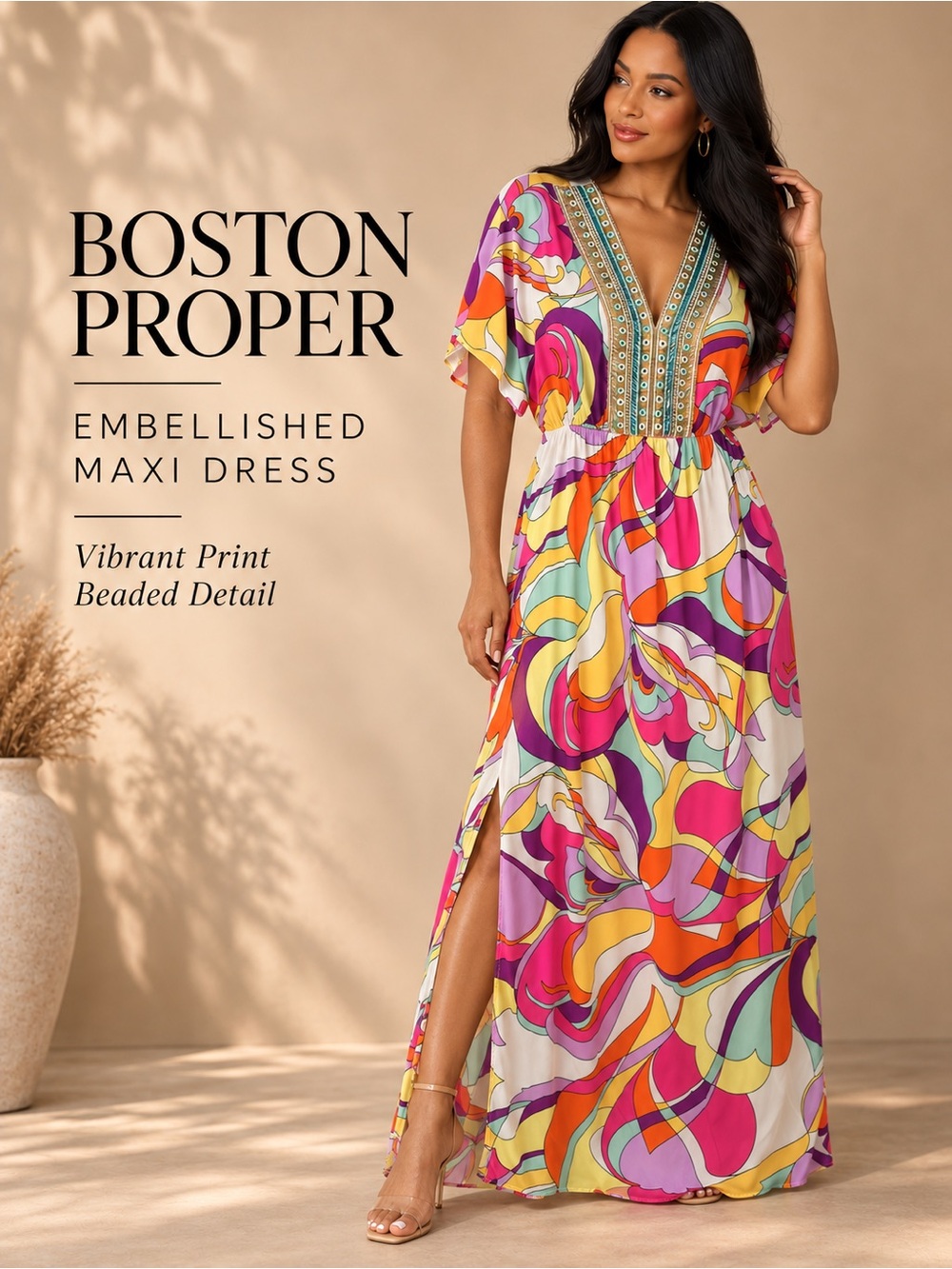 Boston Proper Hamptons Swirl Embellished Abstract Print Maxi Dress